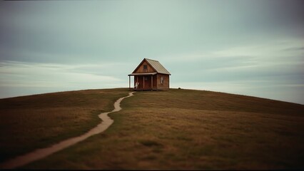 A solitary wooden cabin sits atop a grassy hill with a winding path under a cloudy sky