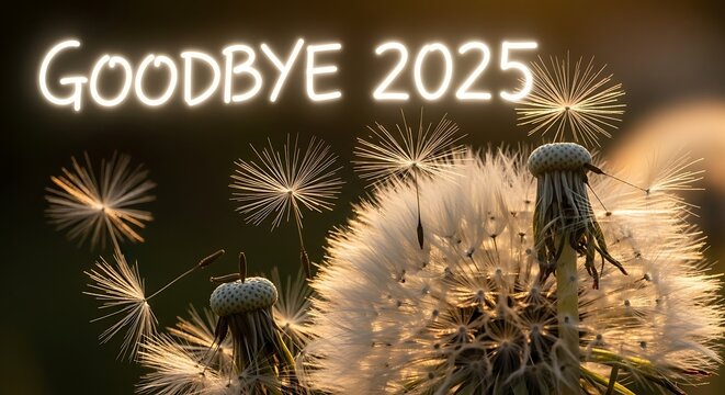 Dandelion seeds with goodbye year text glowing in the background
