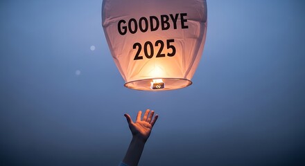 A hand reaching for a goodbye 2025 sky lantern at dusk