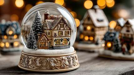 A christmas snow globe with a miniature house and trees inside on wooden surface