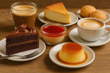 a variety of desserts and drinks: chocolate cake, cheesecake, caramel pudding and coffee, neatly arranged on a wooden surface, create an appetizing and cozy atmosphere.