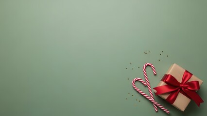 Christmas gift box wrapped in craft paper with red ribbon and candy cane. Holiday present with festive sweets. New Year celebration.