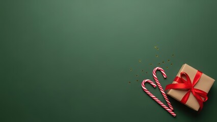 Christmas gift box, two candy canes, and gold stars on green background. Holiday present for winter celebration, New Year.
