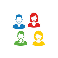 Fototapeta premium Four people icons with simplified facial features in vibrant colors make for great avatar designs. People icons in bright colors can represent diversity and teamwork.