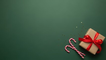 Gift box with red ribbon bow and candy canes on green background. Christmas present, New Year holiday celebration concept.