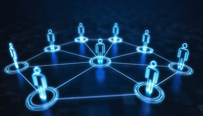 Digital Human Network: A futuristic digital representation of a network, showcasing interconnected human figures, symbolizing the dynamic flow of data, ideas, and communication in the digital realm. 