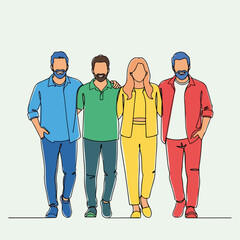 Adult friends line art illustration with colorful clothing standing in a group. Adult friends portrait displays joyful unity and social connection, line art illustration depicting togetherness.
