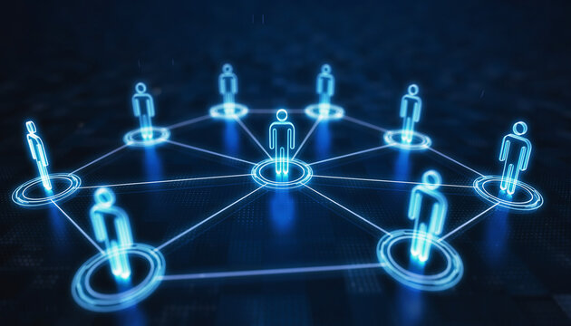 Digital Human Network: A futuristic digital representation of a network, showcasing interconnected human figures, symbolizing the dynamic flow of data, ideas, and communication in the digital realm. 