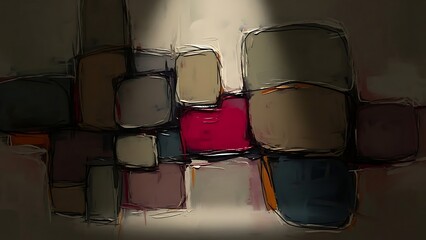 Abstract composition of colorful stacked blocks under a spotlight with painterly texture