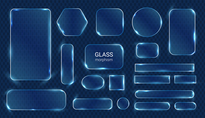 Set of glowing transparent glass UI shapes in neon blue style. Futuristic frames, buttons and panels for modern interface design on dark background.