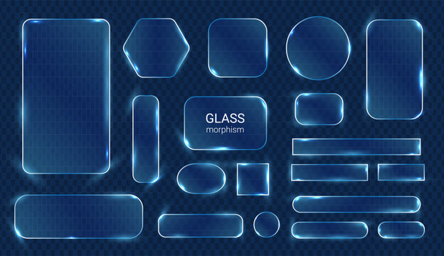 Set of glowing transparent glass UI shapes in neon blue style. Futuristic frames, buttons and panels for modern interface design on dark background.