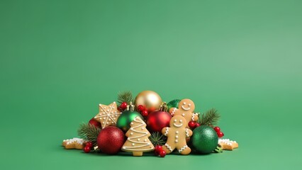 Festive christmas composition with gingerbread cookies, fir branch, and baubles. Holiday season celebration concept for greeting card.