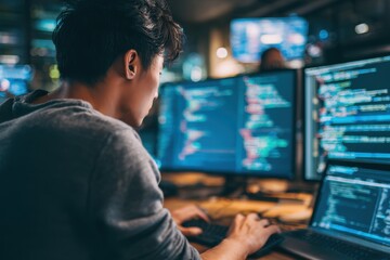 Focused Developer Working Late Night on Complex Code. Asian man typing on keyboard, surrounded by monitors displaying software programming, big data, AI algorithms, or network security.