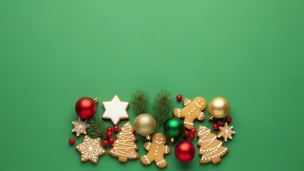Traditional Christmas gingerbread cookies, pine branches, and ornaments border on green background for holiday greeting card.