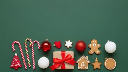 Christmas frame with festive decorations, gingerbread cookies, candy canes, and gift box on green background with copy space.
