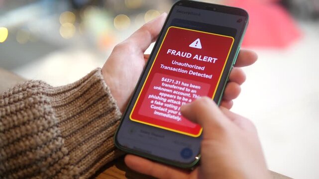 Closeup of a womans hands in a public place clicking a link presented as a voting opportunity, which redirects to her online banking showing a fraud alert and unauthorized transaction. 