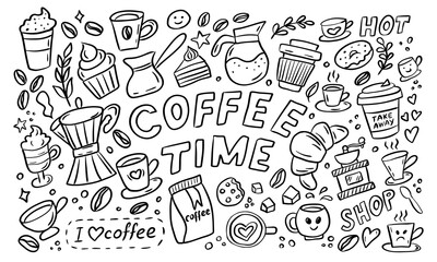 Playful black and white doodle set with coffee cups, beans, mugs, pots and decorative elements, ideal for cafe branding, menus and packaging.