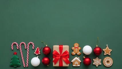 Christmas flat lay with gift box, candy canes, gingerbread cookies, and ornaments on green background for holiday celebration.