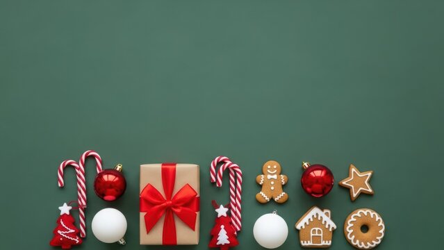 Christmas gift, candy, ornament and cookie on green background. Festive holiday season celebration concept with copy space.