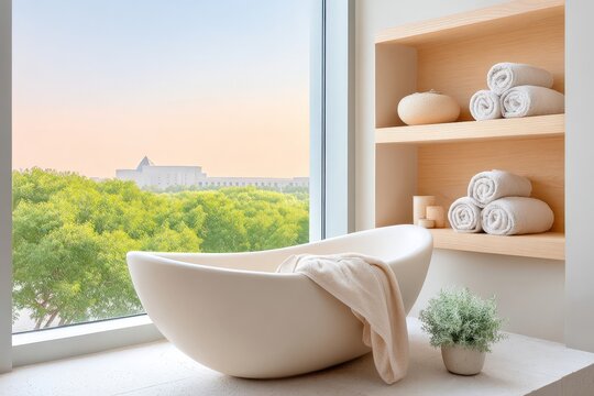 Serene minimalist bathroom with modern freestanding tub by large window overlooking lush greenery