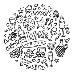 Black and white doodle composition with wine glasses, bottle, grapes, bread, cheese and small decorative icons arranged in a circle.