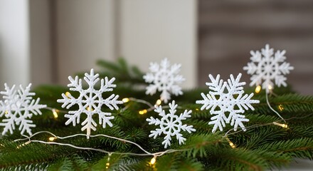 Close up of christmas decoration with white snowflakes and string lights on green pine branches view