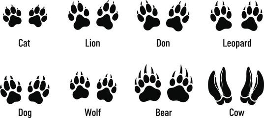 A comparative vector illustration set of various animal footprints, showing different paw prints and hoof marks as black silhouettes for design elements 04