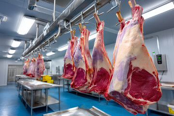 industrial meat processing facility with large cuts of raw beef hanging from stainless steel hooks along a ceiling rail, stainless tables and bright fluorescent lights in the backg