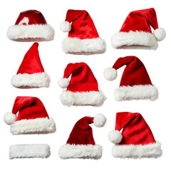 A set of red Santa Claus hats with white fur trim for Christmas celebration and winter holiday fun