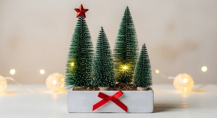 Miniature christmas trees with red star and ribbon in a white planter on a white surface with lights