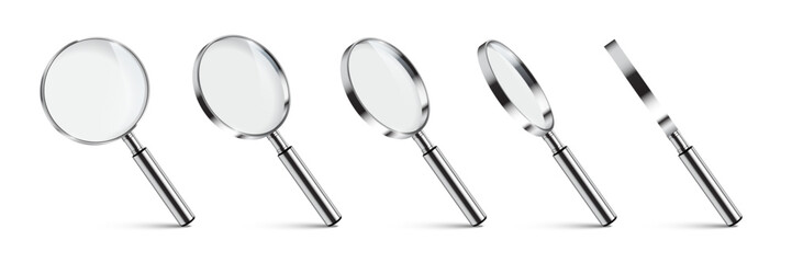 Obraz premium Magnifying glass set of five silver handled lenses in different angles and positions. 3D detailed loupe icons for search, zoom, inspection, scientific study concepts. Realistic vector illustration