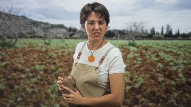Woman holding a clay pottery jar with both hands in a farm field wearing an apron and scowling while gripping the vessel; frustration.