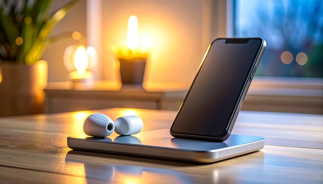 Wireless charging pad with earbuds and smartphone arranged neatly, glowing subtle ambient light behind.