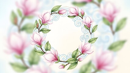 Fototapeta premium Beautiful watercolor magnolia flower wreath with delicate pink blossoms and green leaves on a soft blue background, an Ethereal Bloom Design