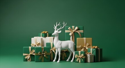 A festive display of wrapped gifts with gold ribbons and a white deer figurine on a green background