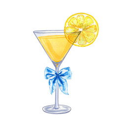 Limoncello spritz cocktail garnished with a whimsical blue bow hand drawn watercolor illustration. Mediterranean traditional aperitif for menu and design. Italian summer drink for the bar.