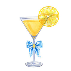 Limoncello spritz cocktail garnished with a whimsical blue bow hand drawn watercolor illustration. Mediterranean traditional aperitif for menu and design. Italian summer drink for the bar.
