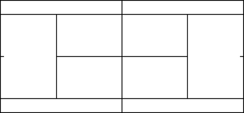 Minimalist schematic illustration of a tennis court featuring precise court lines and structured proportions, ideal for sport-related graphics and instructional content. Tennis court layout. Tennis