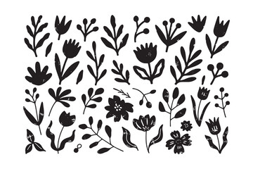 Artistic floral design featuring delicate brushstroke flowers in vibrant red green blue and yellow hues with elegant typography elements