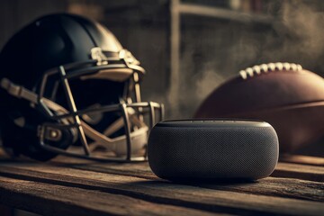 Portable speaker beside football helmet and ball on locker bench