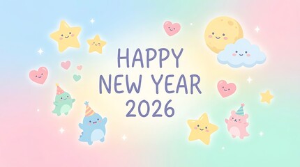 Happy New Year 2026 celebration with cute cartoon characters