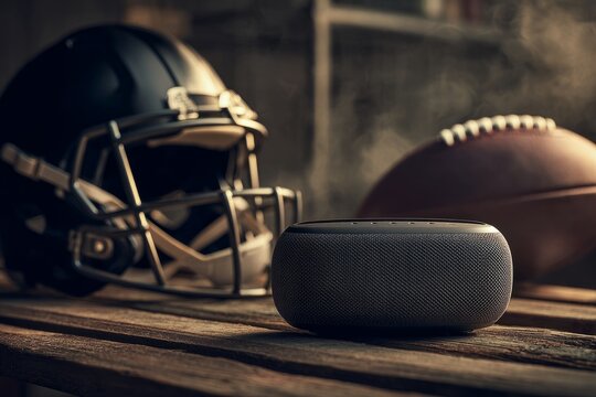 Portable speaker beside football helmet and ball on locker bench - Powered by Adobe