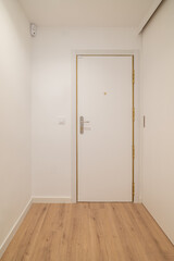 A modern hallway with a white wall and a closed door. The floor is made of light wood. The space is minimalistic and well-lit, creating a clean atmosphere.