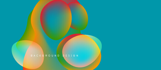 Abstract colorful overlapping circles create dynamic visual effect. Teal background enhances vibrant hues, modern design element.