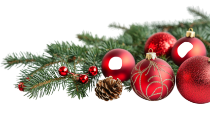 Festive red ornaments and pine cones adorn a transparent christmas tree branch