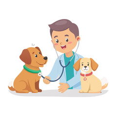 Cartoon veterinarian examining two happy dogs in a clinic