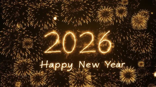 Festive New Year celebration setup with large golden foil balloons forming &ldquo;2026,&rdquo; surrounded by curling ribbons, white balloons, and bright sparkler against dark reflective background, vibrant and jo