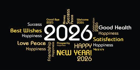 happy new year 2026 best wishes typography on black background. new year eve 2026 black design.
