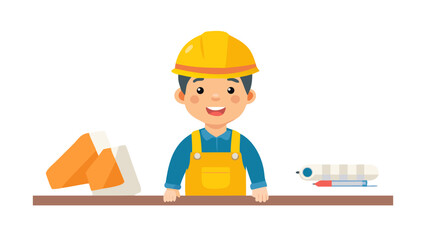 A smiling young constructor wearing a yellow hardhat and uniform