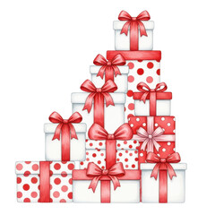 Fototapeta premium Festive Presents Stacked: A vibrant display of wrapped gifts, adorned with red ribbons and bows, create a stunning visual, perfect for celebrating any special occasion.